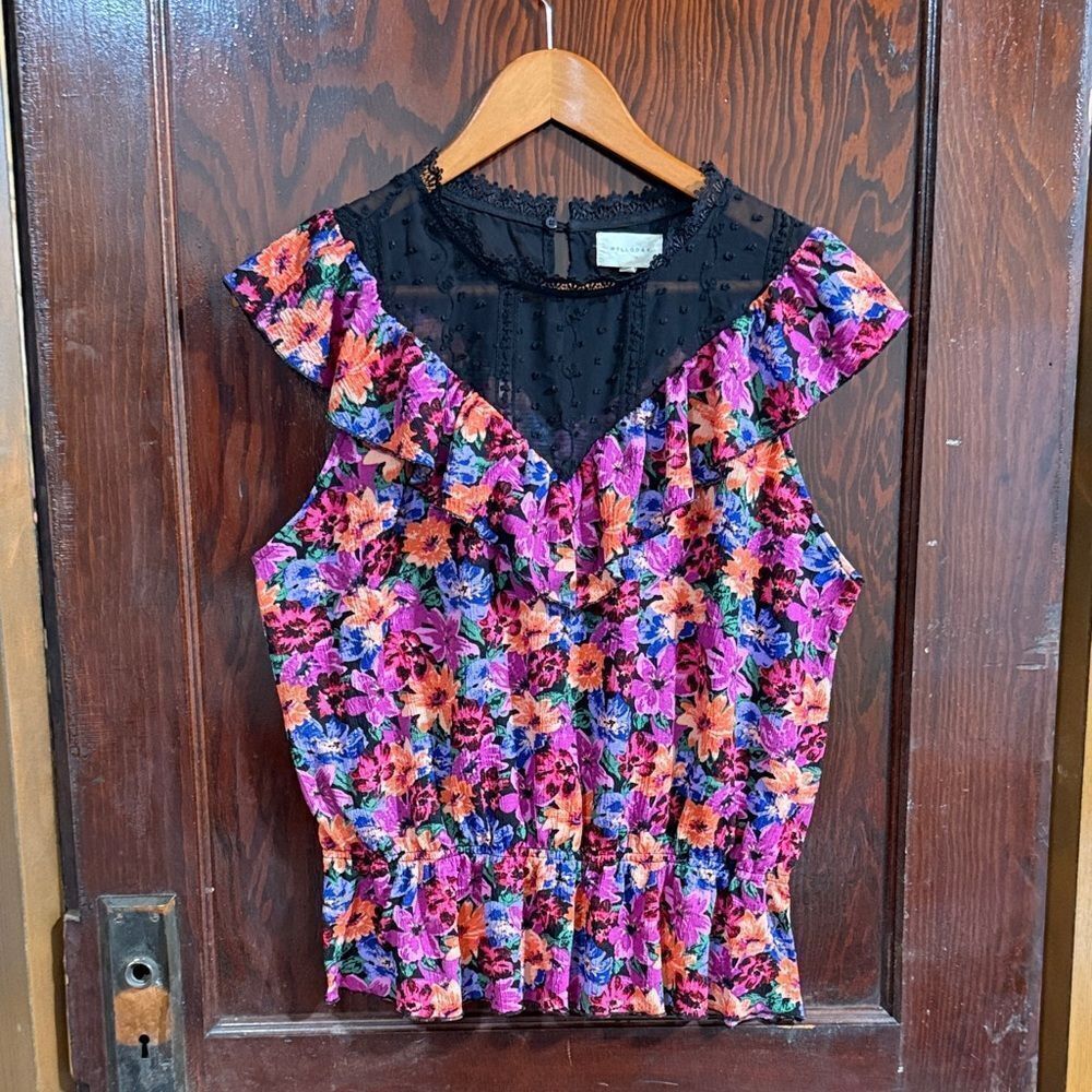 MELLODAY Vibrant Floral Blouse with Black Sheer Neckline